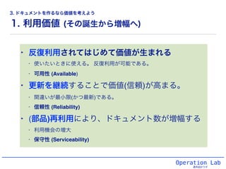 1. 利用価値 (その誕生から増幅へ)
‣ 反復利用されてはじめて価値が生まれる
‣ 使いたいときに使える。 反復利用が可能である。!
‣ 可用性 (Available)!
‣ 更新を継続することで価値(信頼)が高まる。 !
‣ 間違いが最小限(かつ最新)である。!
‣ 信頼性 (Reliability)!
‣ (部品)再利用により、ドキュメント数が増幅する!
‣ 利用機会の増大!
‣ 保守性 (Serviceability)
Operation Lab
運用設計ラボ
3. ドキュメントを作るなら価値を考えよう
 