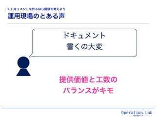 ドキュメント!
書くの大変
運用現場のとある声
Operation Lab
運用設計ラボ
提供価値と工数の
バランスがキモ
3. ドキュメントを作るなら価値を考えよう
 