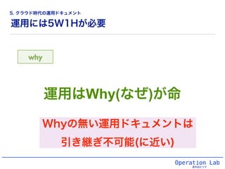 運用には5W1Hが必要
Operation Lab
運用設計ラボ
why
運用はWhy(なぜ)が命
Whyの無い運用ドキュメントは
引き継ぎ不可能(に近い)
5. クラウド時代の運用ドキュメント
 