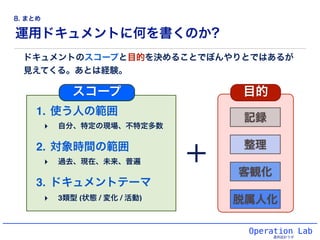 運用ドキュメントに何を書くのか?
Operation Lab
運用設計ラボ
1. 使う人の範囲!
‣ 自分、特定の現場、不特定多数!
2. 対象時間の範囲!
‣ 過去、現在、未来、普遍!
3. ドキュメントテーマ!
‣ 3類型 (状態 / 変化 / 活動)
ドキュメントのスコープと目的を決めることでぼんやりとではあるが
見えてくる。あとは経験。
脱属人化
客観化
整理
記録
スコープ 目的
8. まとめ
 