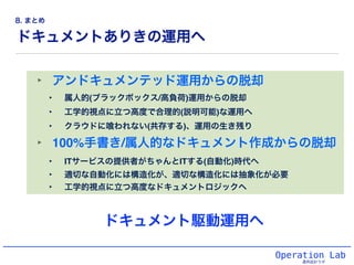 ドキュメントありきの運用へ
‣ アンドキュメンテッド運用からの脱却!
‣ 属人的(ブラックボックス/高負荷)運用からの脱却!
‣ 工学的視点に立つ高度で合理的(説明可能)な運用へ!
‣ クラウドに われない(共存する)、運用の生き残り!
‣ 100%手書き/属人的なドキュメント作成からの脱却!
‣ ITサービスの提供者がちゃんとITする(自動化)時代へ!
‣ 適切な自動化には構造化が、適切な構造化には抽象化が必要!
‣ 工学的視点に立つ高度なドキュメントロジックへ
Operation Lab
運用設計ラボ
ドキュメント駆動運用へ
8. まとめ
 