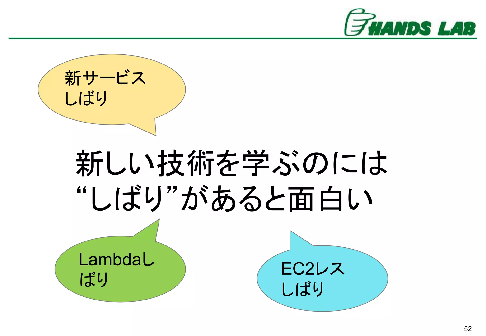 52
新しい技術を学ぶのには
“しばり”があると面白い
新サービス
しばり
EC2レス
しばり
Lambdaし
ばり
 