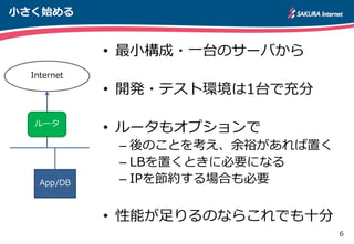 6
小さく始める
• 最小構成・一台のサーバから
• 開発・テスト環境は1台で充分
• ルータもオプションで
– 後のことを考え、余裕があれば置く
– LBを置くときに必要になる
– IPを節約する場合も必要
• 性能が足りるのならこれでも十分
App/DB
ルータ
Internet
 