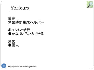 25 http://github.pavie.info/yohours/
Ҫ
ӘIrgɥإѩ`
ݥȤȸ룺
񤫤ʤꤤǤ
\ӣ

YoHours
 