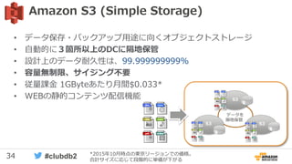 34 #clubdb2
1
S3
S3 S3
データを
隔地保管
*2015年10月時点の東京リージョンでの価格。
合計サイズに応じて段階的に単価が下がる
• データ保存・バックアップ用途に向くオブジェクトストレージ
• 自動的に３箇所以上のDCに隔地保管
• 設計上のデータ耐久性は、99.999999999%
• 容量無制限、サイジング不要
• 従量課金 1GByteあたり月間$0.033*
• WEBの静的コンテンツ配信機能
Amazon S3 (Simple Storage)
 