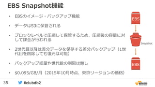 35 #clubdb2
EBS Snapshot機能
• EBSのイメージ・バックアップ機能
• データはS3に保管される
• ブロックレベルで圧縮して保管するため、圧縮後の容量に対
して課金が行われる
• 2世代目以降は差分データを保存する差分バックアップ（1世
代目を削除しても復元は可能）
• バックアップ総量や世代数の制限は無し
• $0.095/GB/月（2015年10月時点、東京リージョンの価格）
EBS
Snapshot
EBS
 