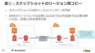 41 #clubdb2
案①：スナップショットのリージョン間コピー
• スナップショットは別リージョンにコピーが可能
• DR先のリージョンでは必要になるまでEC2を起動する必要は無
いため、安価にDRを実現可能
EBS
Snapshot
東京リージョン
EC2
EBS
EBS
Snapshot
シンガポールリージョン
EC2
EBS
Internet
リージョン間コピー
転送済みSnapshot
からEBSを作成し
EC2にアタッチ
 