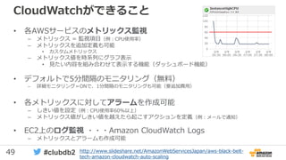 49 #clubdb2
CloudWatchができること
• 各AWSサービスのメトリックス監視
– メトリックス = 監視項目（例：CPU使用率）
– メトリックスを追加定義も可能
• カスタムメトリックス
– メトリックス値を時系列にグラフ表示
• 見たい内容を組み合わせて表示する機能（ダッシュボード機能）
• デフォルトで5分間隔のモニタリング（無料）
– 詳細モニタリング＝ONで、1分間隔のモニタリングも可能（要追加費用）
• 各メトリックスに対してアラームを作成可能
– しきい値を設定（例：CPU使用率60%以上）
– メトリックス値がしきい値を越えたら起こすアクションを定義（例：メールで通知）
• EC2上のログ監視 ・・・Amazon CloudWatch Logs
– メトリックスとアラームも作成可能
http://www.slideshare.net/AmazonWebServicesJapan/aws-black-belt-
tech-amazon-cloudwatch-auto-scaling
 