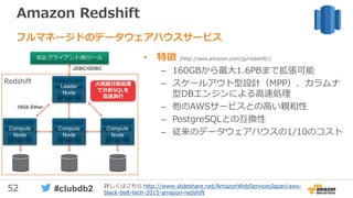 52 #clubdb2
Amazon Redshift
• 特徴 (http://aws.amazon.com/jp/redshift/)
– 160GBから最大1.6PBまで拡張可能
– スケールアウト型設計（MPP）、カラムナ
型DBエンジンによる高速処理
– 他のAWSサービスとの高い親和性
– PostgreSQLとの互換性
– 従来のデータウェアハウスの1/10のコスト
フルマネージドのデータウェアハウスサービス
10Gb Ether
JDBC/ODBC
Redshift 大規模分散処理
で分析SQLを
高速実行
詳しくはこちら http://www.slideshare.net/AmazonWebServicesJapan/aws-
black-belt-tech-2015-amazon-redshift
 