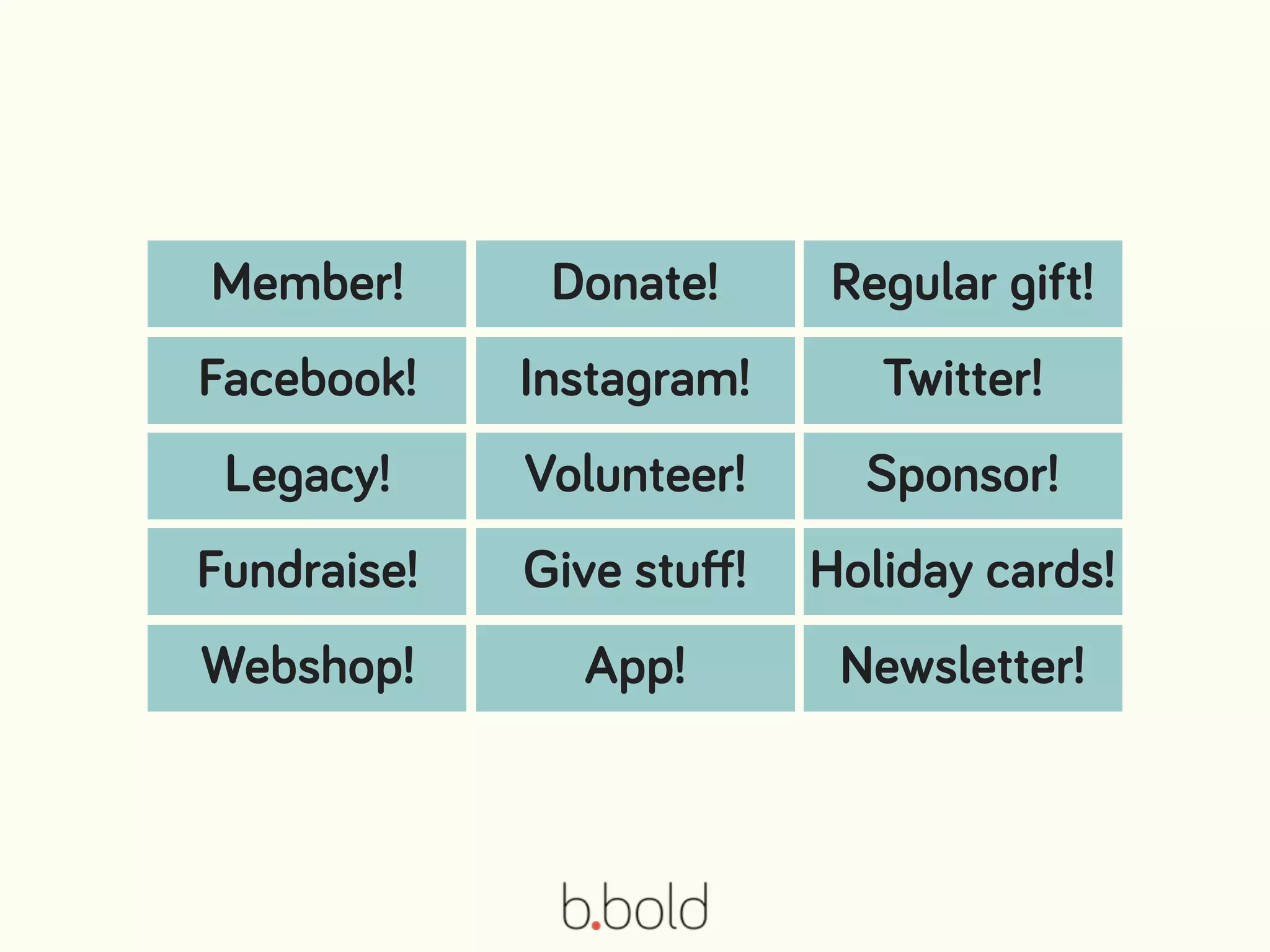 Donate!Member! Regular gift!
Instagram!Facebook! Twitter!
Volunteer!Legacy! Sponsor!
Give stuﬀ!Fundraise! Holiday cards!
App!Webshop! Newsletter!
 