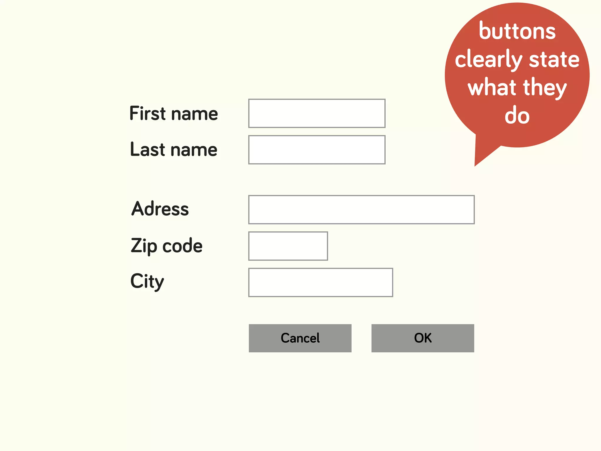 Cancel OK
First name
Last name
Adress
Zip code
City
buttons
clearly state
what they
do
 