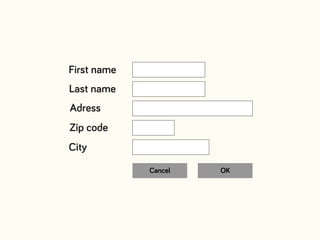 Cancel OK
First name
Last name
Adress
Zip code
City
 