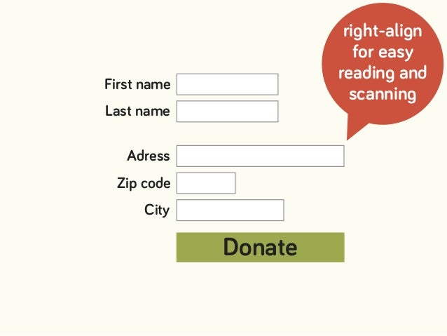 Donate
First name
Last name
Adress
Zip code
City
right-align
for easy
reading and
scanning
 