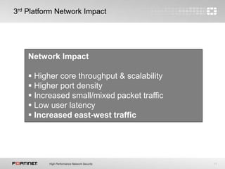 11
Network Impact
 Higher core throughput & scalability
 Higher port density
 Increased small/mixed packet traffic
 Low user latency
 Increased east-west traffic
3rd Platform Network Impact
 