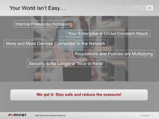 12Confidential
Internal Pressures Increasing
Your Enterprise is Under Constant Attack
Security is No Longer a “Nice to Have”
More and More Devices Connected to the Network
Regulations and Policies are Multiplying
Your World Isn’t Easy…
 
