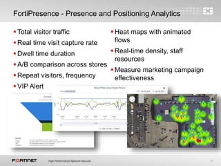 29
FortiPresence - Presence and Positioning Analytics
 Total visitor traffic
 Real time visit capture rate
 Dwell time duration
 A/B comparison across stores
 Repeat visitors, frequency
 VIP Alert
 Heat maps with animated
flows
 Real-time density, staff
resources
 Measure marketing campaign
effectiveness
 