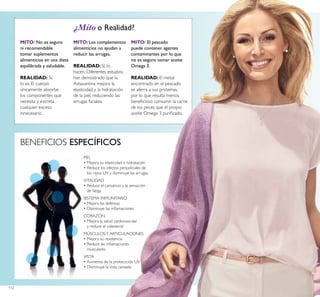112
BENEFICIOS ESPECÍFICOS
PIEL
• Mejora su elasticidad e hidratación
• Reduce los efectos perjudiciales de
los rayos UV y disminuye las arrugas
VITALIDAD
• Reduce el cansancio y la sensación
de fatiga
SISTEMA INMUNITARIO
• Mejora las defensas
• Disminuye las inlamaciones
CORAZÓN
• Mejora la salud cardiovascular
y reduce el colesterol
MÚSCULOSY ARTICULACIONES
• Mejora su resistencia
• Reduce las inlamaciones
musculares
VISTA
• Aumento de la proteccción UV
• Disminuye la vista cansada
¿Mito o Realidad?
MITO: El pescado
puede contener agentes
contaminantes por lo que
no es seguro tomar aceite
Omega 3.
REALIDAD: El metal
encontrado en el pescado
se aferra a sus proteínas,
por lo que resulta menos
beneicioso consumir la carne
de los peces que el propio
aceite Omega 3 puriicado.
MITO: No es seguro
ni recomendable
tomar suplementos
alimenticios en una dieta
equilibrada y saludable.
REALIDAD: Sí,
lo es. El cuerpo
únicamente absorbe
los componentes que
necesita y excreta
cualquier exceso
innecesario.
MITO: Los complementos
alimenticios no ayudan a
reducir las arrugas.
REALIDAD: Sí, lo
hacen. Diferentes estudios
han demostrado que la
Astaxantina mejora la
elasticidad y la hidratación
de la piel, reduciendo las
arrugas faciales.
 