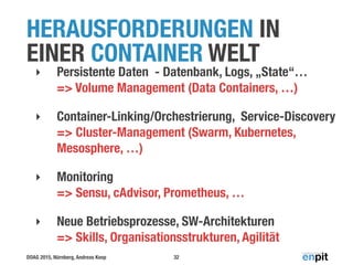 DOAG 2015, Nürnberg, Andreas Koop
HERAUSFORDERUNGEN IN
EINER CONTAINER WELT
‣ Persistente Daten - Datenbank, Logs, „State“… 
=> Volume Management (Data Containers, …)
‣ Container-Linking/Orchestrierung, Service-Discovery 
=> Cluster-Management (Swarm, Kubernetes,
Mesosphere, …)
‣ Monitoring 
=> Sensu, cAdvisor, Prometheus, …
‣ Neue Betriebsprozesse, SW-Architekturen 
=> Skills, Organisationsstrukturen, Agilität
32
 