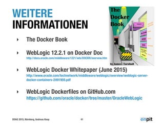 DOAG 2015, Nürnberg, Andreas Koop
WEITERE
INFORMATIONEN
‣ The Docker Book
‣ WebLogic 12.2.1 on Docker Doc 
http://docs.oracle.com/middleware/1221/wls/DOCKR/overvew.htm
‣ WebLogic Docker Whitepaper (June 2015) 
http://www.oracle.com/technetwork/middleware/weblogic/overview/weblogic-server-
docker-containers-2491959.pdf
‣ WebLogic Dockerﬁles on GitHub.com 
https://github.com/oracle/docker/tree/master/OracleWebLogic
41
 