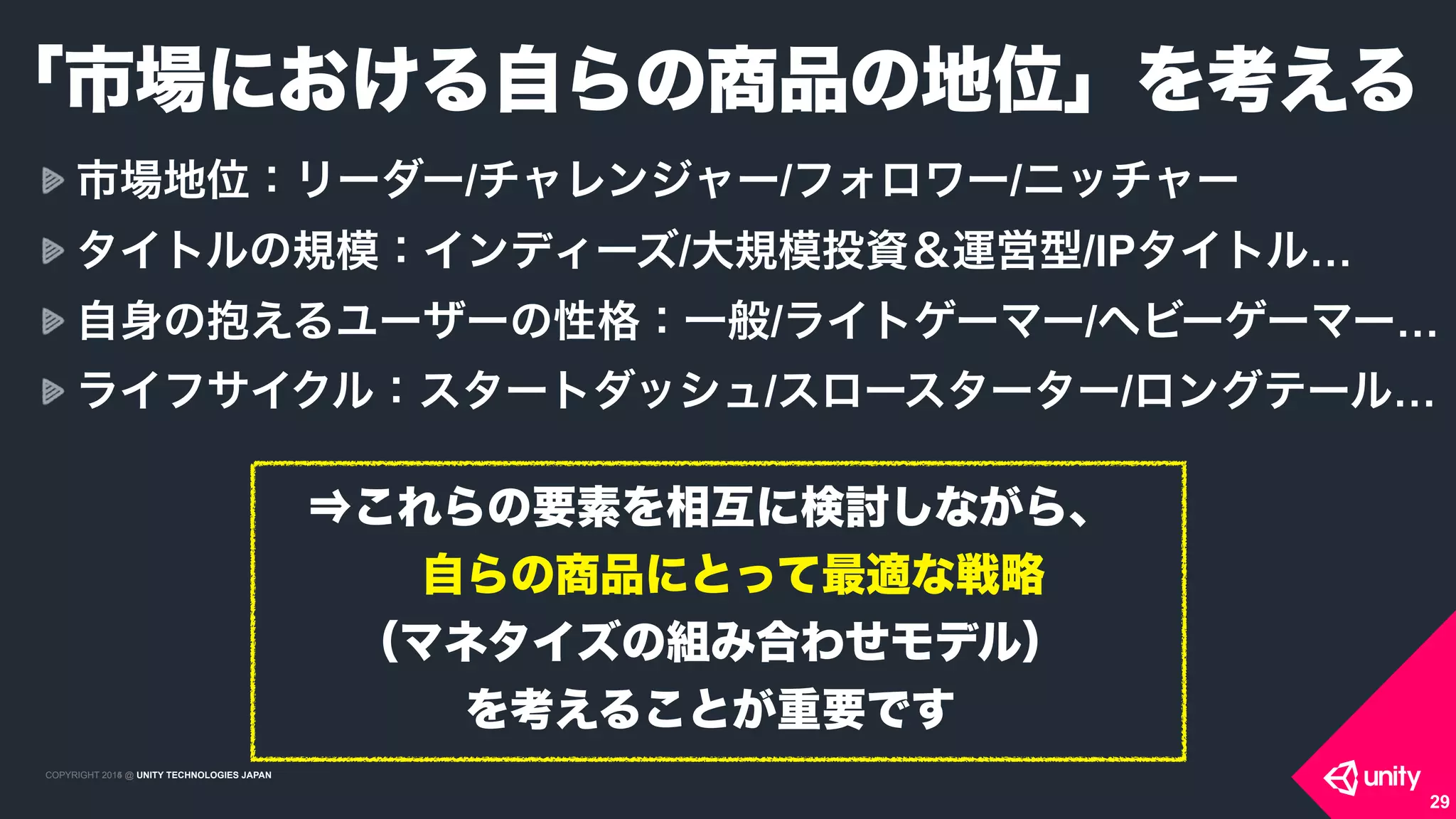 COPYRIGHT 2015 @ UNITY TECHNOLOGIES JAPANCOPYRIGHT 2014 @ UNITY TECHNOLOGIES JAPAN
市場地位：リーダー/チャレンジャー/フォロワー/ニッチャー
タイトルの規模：インディーズ/大規模投資＆運営型/IPタイトル…
自身の抱えるユーザーの性格：一般/ライトゲーマー/ヘビーゲーマー…
ライフサイクル：スタートダッシュ/スロースターター/ロングテール…
「市場における自らの商品の地位」を考える
29
⇒これらの要素を相互に検討しながら、 
 自らの商品にとって最適な戦略 
（マネタイズの組み合わせモデル） 
を考えることが重要です
 