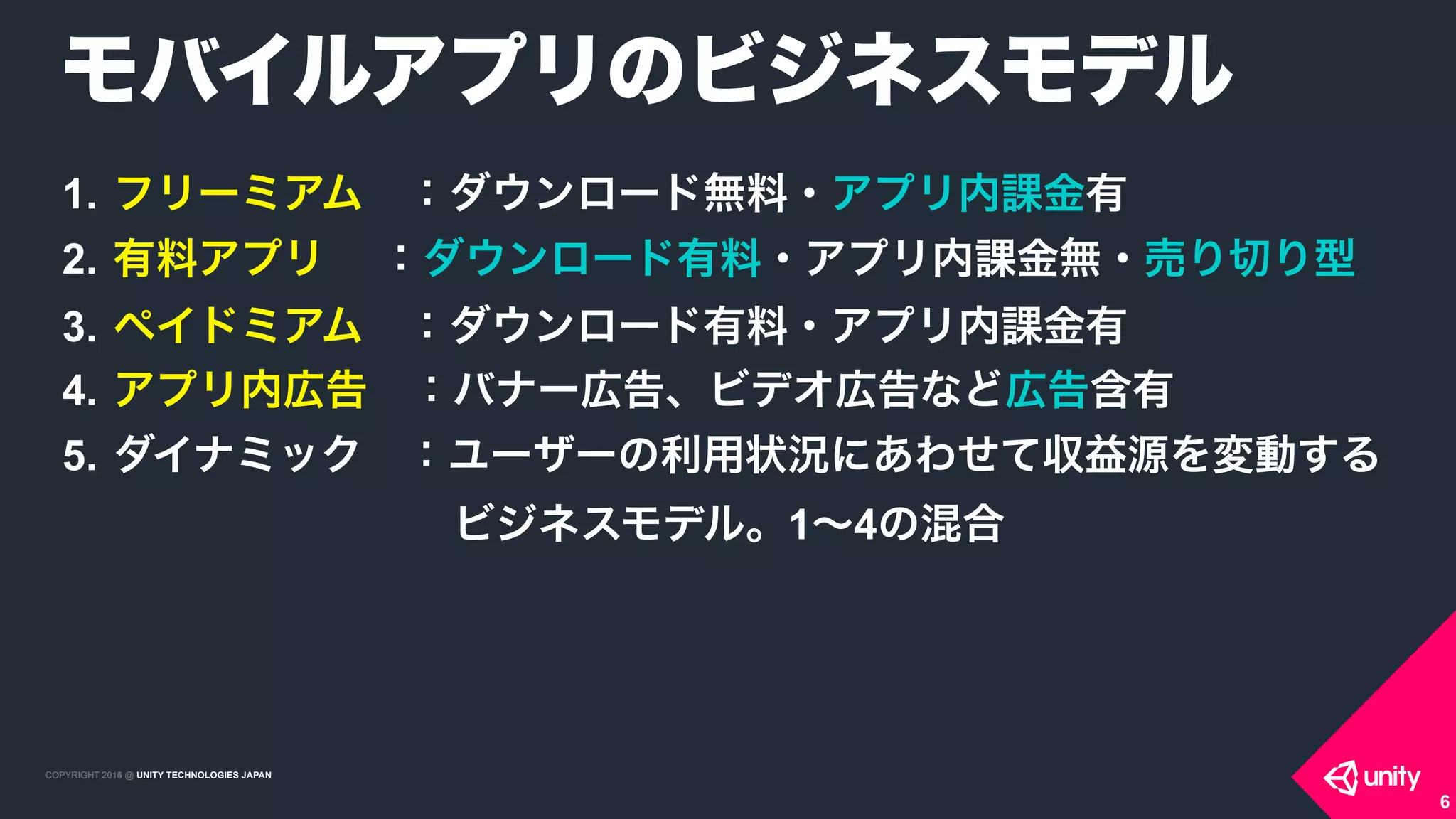 COPYRIGHT 2015 @ UNITY TECHNOLOGIES JAPANCOPYRIGHT 2014 @ UNITY TECHNOLOGIES JAPAN
1. フリーミアム ：ダウンロード無料・アプリ内課金有
2. 有料アプリ  ：ダウンロード有料・アプリ内課金無・売り切り型
3. ペイドミアム ：ダウンロード有料・アプリ内課金有
4. アプリ内広告 ：バナー広告、ビデオ広告など広告含有
5. ダイナミック ：ユーザーの利用状況にあわせて収益源を変動する 
        ビジネスモデル。1∼4の混合
モバイルアプリのビジネスモデル
6
 