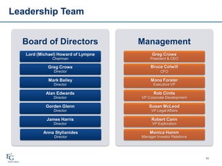 Leadership Team
10
Board of Directors
Lord (Michael) Howard of Lympne
Chairman
Greg Crowe
Director
Mark Bailey
Director
Alan Edwards
Director
Gorden Glenn
Director
Management
Greg Crowe
President & CEO
Bruce Colwill
CFO
Mona Forster
Executive VP
Rob Cinits
VP Corporate Development
Susan McLeod
VP Legal Affairs
Robert Cann
VP Exploration
Monica Hamm
Manager Investor Relations
Anna Stylianides
Director
James Harris
Director
 