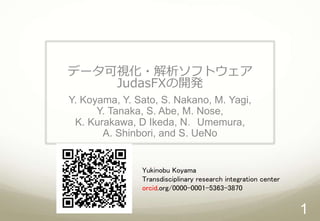 データ可視化・解析ソフトウェア
JudasFXの開発
1
Y. Koyama, Y. Sato, S. Nakano, M. Yagi,
Y. Tanaka, S. Abe, M. Nose,
K. Kurakawa, D Ikeda, N． Umemura,
A. Shinbori, and S. UeNo
Yukinobu Koyama
Transdisciplinary research integration center
orcid.org/0000-0001-5363-3870
 