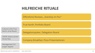 AGIL WACHSENBERATUNG JUDITH ANDRESEN 22
HILFREICHE RITUALE
Öffentliche Reviews, „StandUp im Flur“
True North, Portfolio Board
Delegationspoker, Delegation Board
Company Breakfast, Pizza Präsentationen
Management 3.0
Jurgen Appelo
LiftOff, Diana Larsen
Ainsly Nies
Culture is the True
North, Arne Roock
 