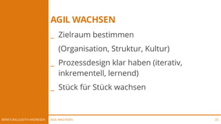 AGIL WACHSENBERATUNG JUDITH ANDRESEN 25
AGIL WACHSEN
_ Zielraum bestimmen
(Organisation, Struktur, Kultur)
_ Prozessdesign klar haben (iterativ,
inkrementell, lernend)
_ Stück für Stück wachsen
 