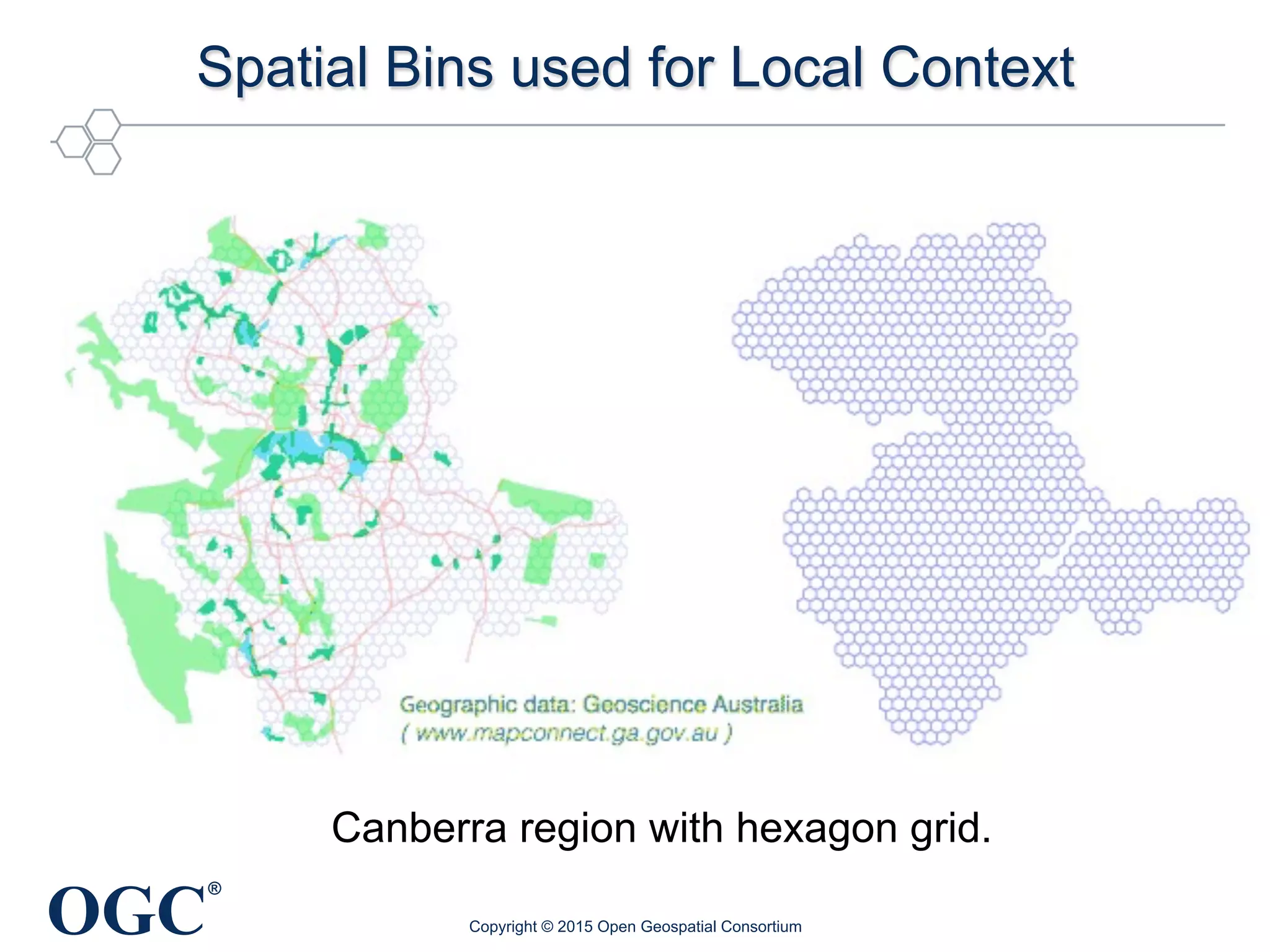 OGC
®
Spatial Bins used for Local Context
Copyright © 2015 Open Geospatial Consortium
Canberra region with hexagon grid.
 