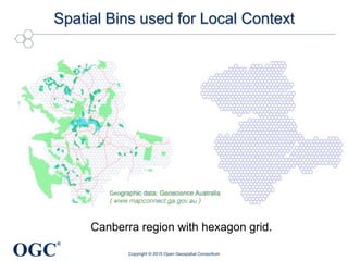 OGC
®
Spatial Bins used for Local Context
Copyright © 2015 Open Geospatial Consortium
Canberra region with hexagon grid.
 