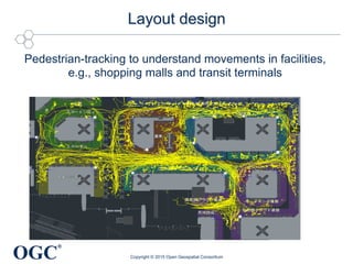 OGC
®
Layout design	
Pedestrian-tracking to understand movements in facilities,
e.g., shopping malls and transit terminals	
Copyright © 2015 Open Geospatial Consortium
 