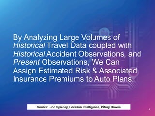 8
By Analyzing Large Volumes of
Historical Travel Data coupled with
Historical Accident Observations, and
Present Observations, We Can
Assign Estimated Risk & Associated
Insurance Premiums to Auto Plans.
Source: Jon Spinney, Location Intelligence, Pitney Bowes
 