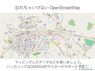忘れちゃいけない OpenStreetMap
マッピングしたデータなどを使いましょう。
ハッカソンではOSMのAPIマスターがサポート予定！
 
