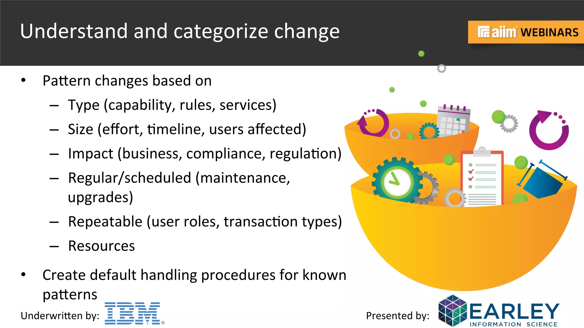 Underwri(en	
  by:	
   Presented	
  by:	
  
Understand	
  and	
  categorize	
  change	
  
•  Pa(ern	
  changes	
  based	
  on	
  
–  Type	
  (capability,	
  rules,	
  services)	
  
–  Size	
  (eﬀort,	
  @meline,	
  users	
  aﬀected)	
  
–  Impact	
  (business,	
  compliance,	
  regula@on)	
  
–  Regular/scheduled	
  (maintenance,	
  
upgrades)	
  
–  Repeatable	
  (user	
  roles,	
  transac@on	
  types)	
  
–  Resources	
  
•  Create	
  default	
  handling	
  procedures	
  for	
  known	
  
pa(erns	
  
 