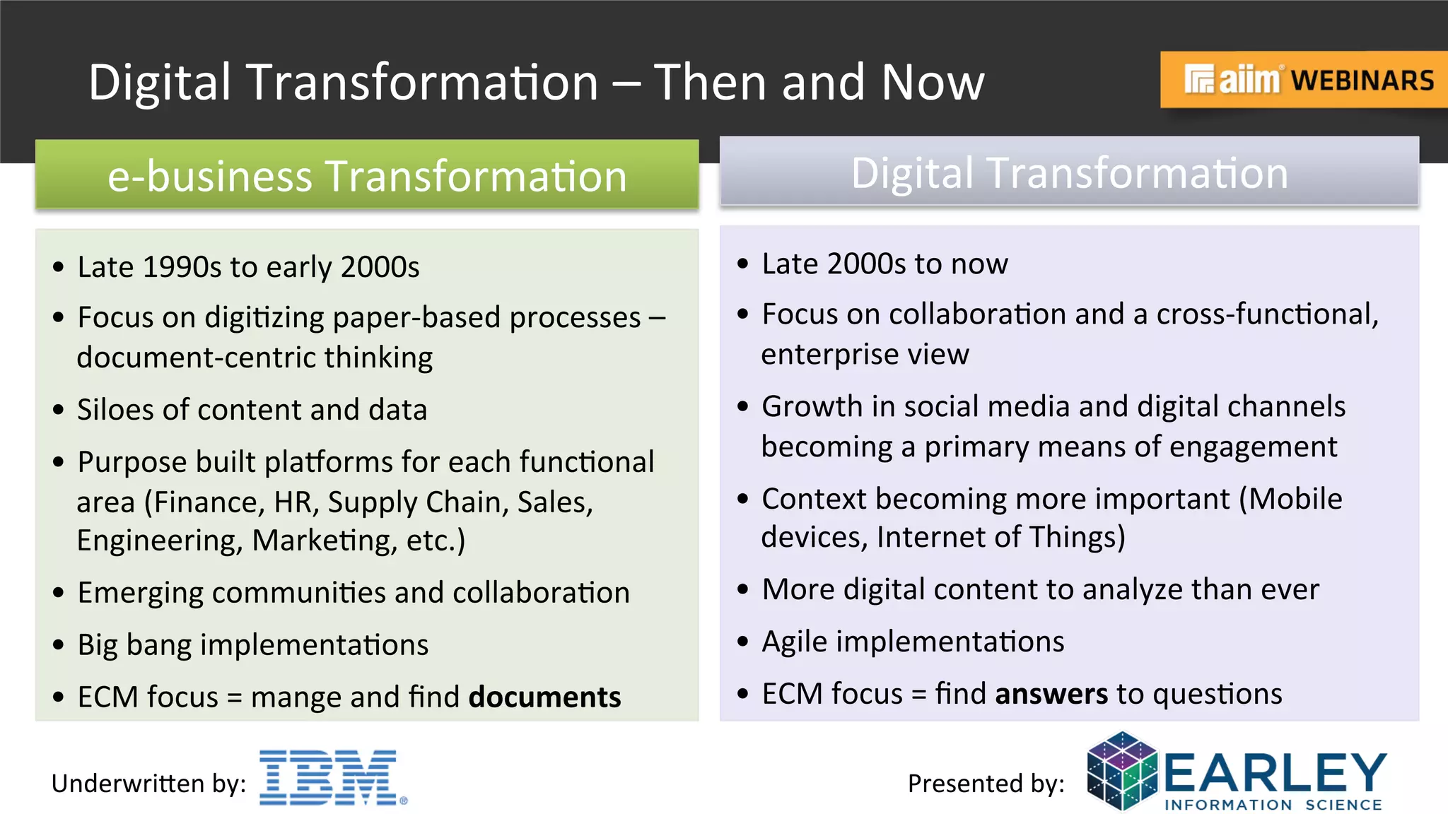 Underwri(en	
  by:	
   Presented	
  by:	
  
Digital	
  Transforma@on	
  –	
  Then	
  and	
  Now	
  
e-­‐business	
  Transforma@on	
  
•  Late	
  1990s	
  to	
  early	
  2000s	
  
•  Focus	
  on	
  digi@zing	
  paper-­‐based	
  processes	
  –	
  
document-­‐centric	
  thinking	
  
•  Siloes	
  of	
  content	
  and	
  data	
  
•  Purpose	
  built	
  plaborms	
  for	
  each	
  func@onal	
  
area	
  (Finance,	
  HR,	
  Supply	
  Chain,	
  Sales,	
  
Engineering,	
  Marke@ng,	
  etc.)	
  
•  Emerging	
  communi@es	
  and	
  collabora@on	
  
•  Big	
  bang	
  implementa@ons	
  
•  ECM	
  focus	
  =	
  mange	
  and	
  ﬁnd	
  documents	
  
Digital	
  Transforma@on	
  
•  Late	
  2000s	
  to	
  now	
  
•  Focus	
  on	
  collabora@on	
  and	
  a	
  cross-­‐func@onal,	
  
enterprise	
  view	
  	
  
•  Growth	
  in	
  social	
  media	
  and	
  digital	
  channels	
  
becoming	
  a	
  primary	
  means	
  of	
  engagement	
  	
  
•  Context	
  becoming	
  more	
  important	
  (Mobile	
  
devices,	
  Internet	
  of	
  Things)	
  
•  More	
  digital	
  content	
  to	
  analyze	
  than	
  ever	
  
•  Agile	
  implementa@ons	
  
•  ECM	
  focus	
  =	
  ﬁnd	
  answers	
  to	
  ques@ons	
  
 