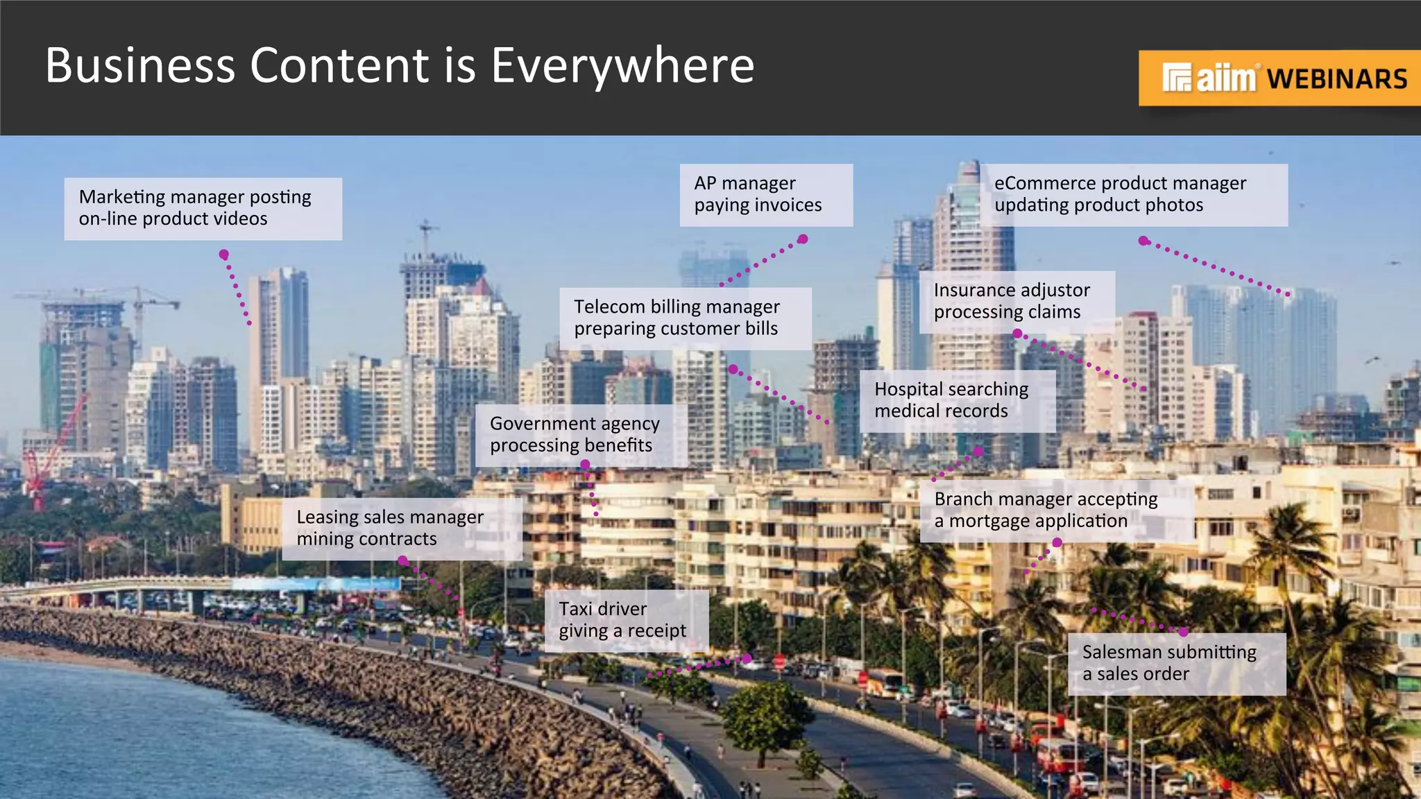 Underwri(en	
  by:	
   Presented	
  by:	
  
Business	
  Content	
  is	
  Everywhere	
  
	
  
AP	
  manager	
  
paying	
  invoices	
  
Taxi	
  driver	
  	
  
giving	
  a	
  receipt	
  
Leasing	
  sales	
  manager	
  
mining	
  contracts	
  
Marke@ng	
  manager	
  pos@ng	
  
on-­‐line	
  product	
  videos	
  	
  
Salesman	
  submiZng	
  
a	
  sales	
  order	
  
Branch	
  manager	
  accep@ng	
  
a	
  mortgage	
  applica@on	
  
eCommerce	
  product	
  manager	
  	
  
upda@ng	
  product	
  photos	
  	
  
Government	
  agency	
  
processing	
  beneﬁts	
  
Telecom	
  billing	
  manager	
  
preparing	
  customer	
  bills	
  
Hospital	
  searching	
  
medical	
  records	
  
Insurance	
  adjustor	
  
processing	
  claims	
  
 