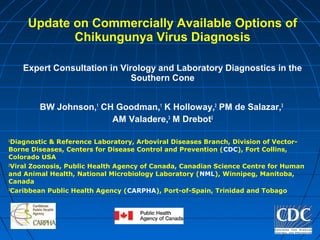 Update on Commercially Available Options of
Chikungunya Virus Diagnosis
Expert Consultation in Virology and Laboratory Diagnostics in the
Southern Cone
BW Johnson,1
CH Goodman,1
K Holloway,2
PM de Salazar,3
AM Valadere,3
M Drebot2
1
Diagnostic & Reference Laboratory, Arboviral Diseases Branch, Division of Vector-
Borne Diseases, Centers for Disease Control and Prevention (CDC), Fort Collins,
Colorado USA
2
Viral Zoonosis, Public Health Agency of Canada, Canadian Science Centre for Human
and Animal Health, National Microbiology Laboratory (NML), Winnipeg, Manitoba,
Canada
3
Caribbean Public Health Agency (CARPHA), Port-of-Spain, Trinidad and Tobago
 