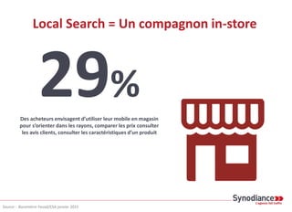 Local Search = Un compagnon in-store
29%
Des acheteurs envisagent d’utiliser leur mobile en magasin
pour s’orienter dans les rayons, comparer les prix consulter
les avis clients, consulter les caractéristiques d’un produit
Source : Baromètre Fevad/CSA janvier 2015
 
