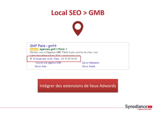 Local SEO > GMB
Intégrer des extensions de lieux Adwords
 
