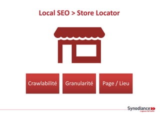 Local SEO > Store Locator
Crawlabilité Granularité Page / Lieu
 