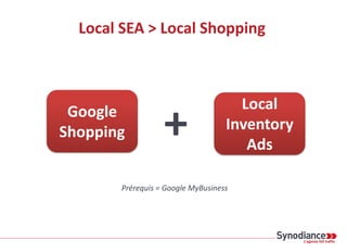 Local SEA > Local Shopping
Local
Inventory
Ads
Google
Shopping +
Prérequis = Google MyBusiness
 