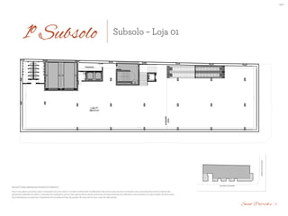 BS”D
Depósito
Loja 01
860,51m²
projeção
jirau
Depósito
Loja 01
860,51m²
projeção
jirau
ESTUDO PRELIMINAR 1° SUBSOLO - LOJA 01
ST. PATRICK´S
vio. O projeto poderá sofrer modificações decorrentes das posturas municipais e das concessionárias locais. A planta não apresenta localização de pilares e prumadas de instalações, pois se
referentes à área privativa de cada unidade. As áreas privativas representam as áreas dos compartimentos somadas as áreas de paredes. As cotas são de eixo a eixo de cada parede.
NTO
RUA RAINHA GUILHERMINA
AVENIDAATAULFODEPAIVA
1º Subsolo Subsolo – Loja 01
Esta é uma planta provisória sujeita à alteração sem aviso prévio. O projeto poderá sofrer modificações decorrentes das posturas municipais e das concessionárias locais. A planta não
apresenta localização de pilares e prumadas de instalações, pois se trata apenas de um estudo preliminar. As áreas descritas são referentes à área privativa de cada unidade. As áreas priva-
tivas representam as áreas dos compartimentos somadas as áreas de paredes. As cotas são de eixo a eixo de cada parede.
.
PROJETO PRELIMINAR EM DESENVOLVIMENTO
17Saint Patrick’s
 