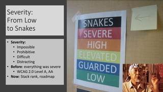 Severity:
From Low
to Snakes
• Severity:
• Impossible
• Prohibitive
• Difficult
• Distracting
• Before: everything was severe
• WCAG 2.0 Level A, AA
• Now: Stack rank, roadmap
 