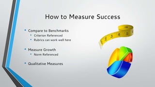 How to Measure Success
• Compare to Benchmarks
• Criterion Referenced
• Rubrics can work well here
• Measure Growth
• Norm...