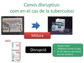 Canvis disruptius:
com en el cas de la tuberculosi
Millora
Disrupció
• Teràpia triple
• Aïllament només 15 dies
• En 10 anys en van tancar
tots els sanatoris
1973
 