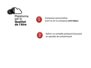 1 Campanya comunicativa
(com va ser la campanya anti-tabac)
2 Definir un veritable protocol d'actuació
en episodis de contaminació
 