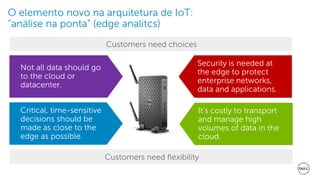 12
Dell - Internal Use - Confidential
O elemento novo na arquitetura de IoT:
“análise na ponta” (edge analitcs)
Customers need choices
Security is needed at
the edge to protect
enterprise networks,
data and applications.
Customers need flexibility
It’s costly to transport
and manage high
volumes of data in the
cloud.
Critical, time-sensitive
decisions should be
made as close to the
edge as possible.
Not all data should go
to the cloud or
datacenter.
 