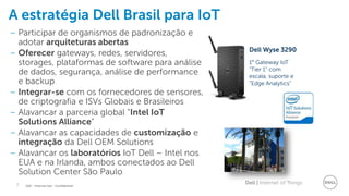 3 Dell | Internet of ThingsDell - Internal Use - Confidential
A estratégia Dell Brasil para IoT
– Participar de organismos de padronização e
adotar arquiteturas abertas
– Oferecer gateways, redes, servidores,
storages, plataformas de software para análise
de dados, segurança, análise de performance
e backup
– Integrar-se com os fornecedores de sensores,
de criptografia e ISVs Globais e Brasileiros
– Alavancar a parceria global “Intel IoT
Solutions Alliance”
– Alavancar as capacidades de customização e
integração da Dell OEM Solutions
– Alavancar os laboratórios IoT Dell – Intel nos
EUA e na Irlanda, ambos conectados ao Dell
Solution Center São Paulo
Dell Wyse 3290
1° Gateway IoT
“Tier 1” com
escala, suporte e
“Edge Analytics”
 