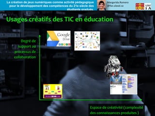 Margarida.Romero
@fse.ulaval.ca
La création de jeux numériques comme activité pédagogique
pour le développement des compétences du 21e siècle des
étudiants gradués.
Espace de créativité (complexité
des connaissances produites )
Degré de
support au
processus de
collaboration
 